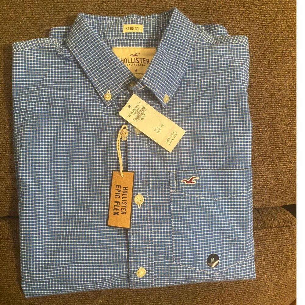 NWT Hollister Blue & White Checked Long Sleeve Men Shirt Size M